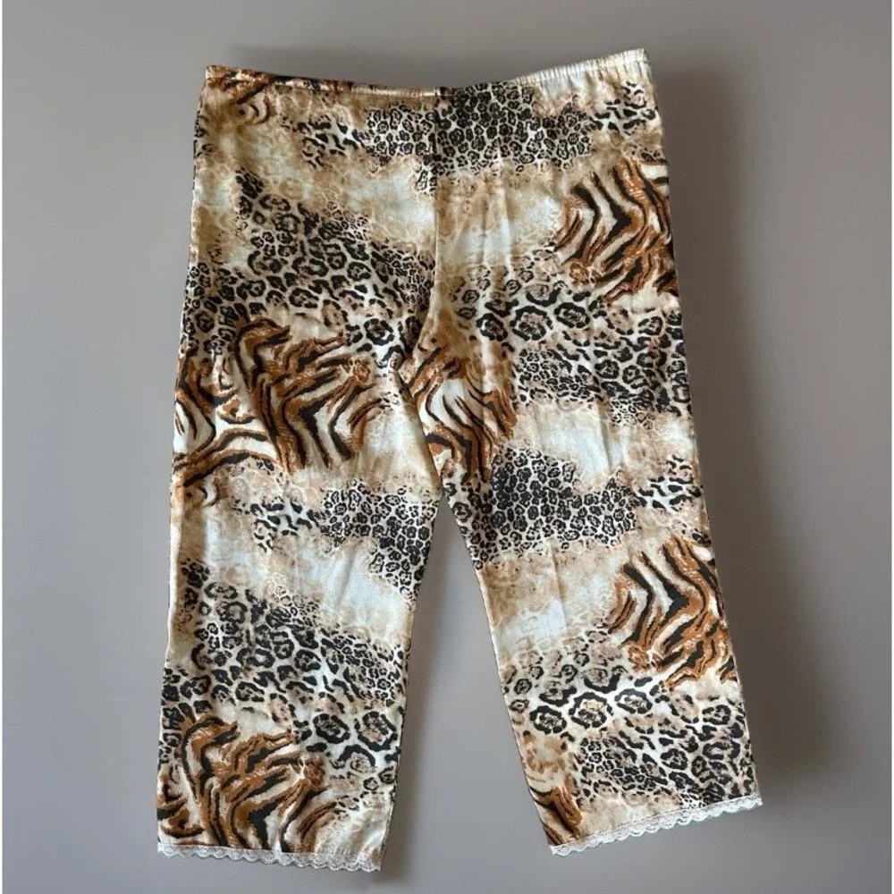 Cruz Satin Pajama Pants Medium Animal Print Leopard Tiger Lace Trim Capri Brown